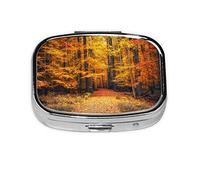 Danlim Pastillero portátil de acero inoxidable importado, pastillero pequeño con espejo para cartera de bolsillo y regalo de viaje, telón de fondo de paisaje otoñal