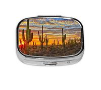 Danlim Pastillero portátil de acero inoxidable importado, pastillero pequeño con espejo para cartera de bolsillo y regalo de viaje, cactus de puesta de sol en el desierto