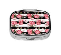 Danlim Pastillero portátil de acero inoxidable importado, pequeño contenedor de pastillas con espejo para billetera de bolsillo y regalo de viaje, flores a rayas blancas y negras