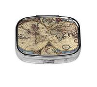 Danlim Pastillero portátil de acero inoxidable importado, pequeño contenedor de pastillas con espejo para billetera de bolsillo y regalo de viaje, mapa antiguo del mundo