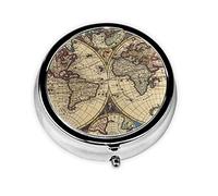 Danlim Pastillero redondo portátil de acero inoxidable para píldoras, contenedor pequeño para píldoras, mapa antiguo del mundo