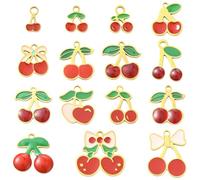 DanLingJewelry 15 dijes esmaltados de cereza roja con parte trasera plana, colgantes de frutas doradas de acero inoxidable con hoja y lazo para suministros de fabricación de joyas