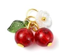 DanLingJewelry 200 dijes de cristal hechos a mano con diseño de cerezo rojo en 3D, cuentas de frutas acrílicas con flor de resina blanca para accesorios de fabricación de joyas, Metal no precioso