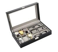 DANNMPX Estuche Relojes Organizador De Exhibición Reloj, 6 Ranuras para, 3 Rejillas, Caja para Anteojos, Pulsera, Almacenamiento Joyería Organizador(Black)