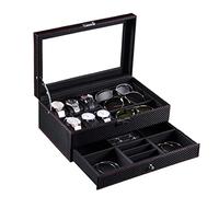 DANNMPX Estuche Relojes Organizador De Exhibición Relojes Multifunción Fibra Carbono, 2 Capas, 6 Ranuras, Caja Reloj, 3 Rejillas, Almacenamiento Anteojos Organizador