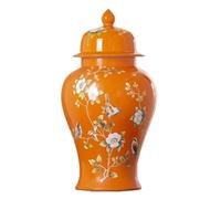 DANNMPX Tarros de Jengibre Jarrones De Cerámica, Tarro Jengibre con Tapa para Decoración del Hogar, Templo Pájaros Y Flores Color Naranja Jarrón Decorativo(9.8 * 17.7in)
