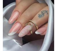 Danshinbow 24 uñas falsas de cristal de almendras largas francesas, polvo brillante desnudo, lámina de oro, uñas falsas, taladros de agua, uñas, mujeres y niñas (Rosa2)