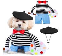 Dansydaisy Disfraz de artista de Halloween para perro con sombrero divertido pintor, ropa para mascotas, disfraz de artista francés, camiseta, jeans, boina, corbatas para Halloween, cosplay, fiesta de