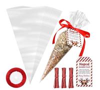 Dansydaisy Juego de 100 bolsas mágicas de reno con etiqueta y cinta roja, bolsas de cono de regalo con etiquetas, lazos giratorios, bolsas de plástico para envolver regalos de Navidad