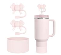DANTY Cubierta de paja de cuarzo rosa y bota para taza Stanley, paquete de 2 pajitas de lazo rosa para pajitas de 9 a 10 mm, 1 paquete de bota de silicona rosa para vaso Stanley de 40 onzas y 30 onzas