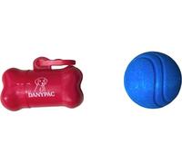 DANYPAC Dispensador de Bolsas Caca Perro + Pelota de Goma Duradera y Resistente - Kit Paseo Perro 2 Piezas (Rojo, Mediano)