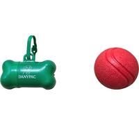 DANYPAC Dispensador de Bolsas Caca Perro + Pelota de Goma Duradera y Resistente - Kit Paseo Perro 2 Piezas (Verde, Pequeño)