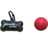 DANYPAC Dispensador de Bolsas Caca Perro + Pelota de Goma Duradera y Resistente - Kit Paseo Perro 2 Piezas (Negro, Pequeño)