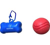 DANYPAC Dispensador de Bolsas Caca Perro + Pelota de Goma Duradera y Resistente - Kit Paseo Perro 2 Piezas (Azul, Grande)