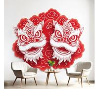 Danza del león chino Flores sobre Fondo de rojo, Papel Pintado Fotográfico - 250 x 175 cm, Seda Premium Mural Decorativo Corte de papel 3D para Dormitorio o Salón