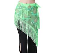 Danza del Vientre Cadera,Borla Bufandas de Caderas Ropa de danza del vientre Base de malla negra Fringes largos Triángulo de lentejuelas Cinturón de lentejuelas Belly Hip Bufanda for GILRS(Light Green