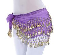 Danza del Vientre Nueva cadena de cintura for danza del vientre, 128 monedas, tela de gasa, monedas de tres capas, accesorios de baile, danza del vientre, pañuelo de la cadera(Deep Purple gold)