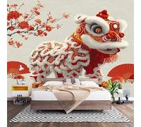 Danza Tradicional China Del LeóN Papel Pintado Fotomural de Tela No Tejida, Decoración de Pared para Salón, Dormitorio, Oficina y Comedor, Rojo Revestimiento Decorativo de Interior 250x175 cm
