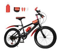 DAOHHFO Bicicleta de montaña de 20 pulgadas, 7 velocidades, con freno de disco doble, altura ajustable, con soporte para vaso de agua y campana de brújula para niños, niñas (rojo)