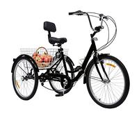 DAOHHFO Triciclo de 24 pulgadas para adultos, 7 velocidades, 3 ruedas, bicicleta para adultos, con luz LED y cesta de verduras, Triciclo ajustable en altura, hasta 120 kg (negro)