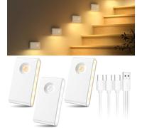 daphomeu Luces con sensor de movimiento para interiores, luz nocturna recargable para pared, luces de escalera recargables tipo C, luces magnéticas de 3 colores para armario, baño, armario, pasillo