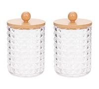 DAPOWER Paquete de 2 recipientes de almacenamiento para baño para bolas de algodón, almohadillas de hisopo de algodón, tarros de plástico pequeños con tapas (tapa transparente y de bambú, 2 unidades)