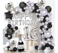 Dargds Globos 16 Cumpleaños Chico Chica,Decoracion 16 Cumpleaños Negro Plata,16 Cumpleaños Decoracion para Fiesta de Cumpleaños Número con Pancarta de Cumpleaños y Globos de Confeti