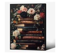 Dark Academia Wall Art - Vintage Book Stack & Library Canvas Poster, Moody Scholarly Decor for Study, Office, or Book Lover's Room (08x12inch(20x30cm),Unframed)