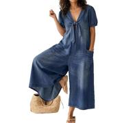 ,Dark Blue,L,Mono de Mezclilla para Mujer con Mangas abullonadas, Lazo Frontal y Pierna Ancha, una Pieza para Estilo Casual de Verano