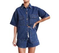 Dark Blue,M,Conjuntos Vaqueros de Dos Piezas para Mujer: Camisa de Manga Corta y Pantalones Cortos, Conjunto Vaquero, chándal Informal para Salir