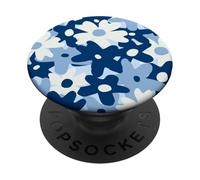 Dark Blue Pastel White Flower Retro Modern Boho Bohemian PopSockets PopGrip Adhesivo