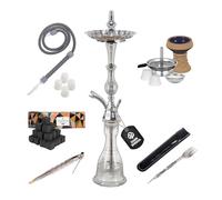 Dark Shisha Cachimba Tradicional Luna Plata 68 cm + 1 kg Carbón Natural Cocobration 27 mm | Set Completo con Manguera Tradicional, Cazoleta de Piedra, Chimenea (Gestor de Calor), Pinza y Juntas