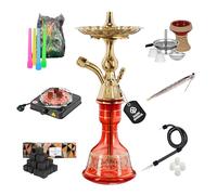 Dark Shisha Cachimba Tradicional Roja 44,5 cm | Aluminio con Base de Vidrio | Full Set con 2 Mangueras, Hornillo Eléctrico 1000W, 1 kg Carbón Cocobration 27 mm, Cazoleta con Chimenea y Pinzas
