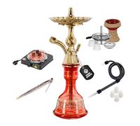 Dark Shisha Cachimba Tradicional Roja 44,5 cm | Aluminio con Base de Vidrio | Set Completo con Manguera, Cazoleta con Chimenea, Pinzas + Hornillo Eléctrico 1000W