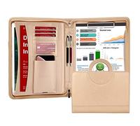 Darolin Portafolio de cuero con cremallera con asa oculta y portapapeles, organizador de conferencias de negocios, carpeta de bloc de notas, bolsa de cartera, portafolios para mujeres/hombres (dorado)