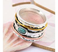 DarryDooly Anillo de Ancho de Estilo Bohemio Retro con Incrustaciones óvalo de Piedra Verde Anillo de Piedra de Dos Tonos Anillos de Dedo para Mujeres Joyería de Personalidad