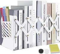 DARUITE Sujetalibros, Sujeta Libros Telescópicos de Metal Organizador de Escritorio Extensible Apoya Libros para Oficina, Escuelas, Decoración del Hogar, Blanco