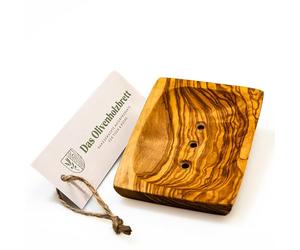 DAS OLIVENHOLZBRETT® Jabonera con agujeros y canaleta bajo la bandeja/jabonera madera de olivo/soporte para jabón de madera/rectangular/cuadrado/de madera de olivo/madera, 13 cm