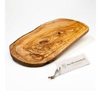 DAS OLIVENHOLZBRETT Tabla de cortar con surco para jugo, tabla de servir, tabla de carne, tabla de madera de olivo con surco para jugo, corte natural, con muescas en el mango izquierdo y derecho