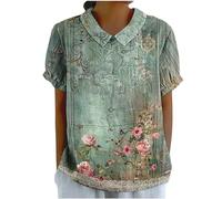 DASAYO Lindas camisetas para mujer, cuello Peter Pan, camisas de lino de manga corta, blusas florales de talla grande, ropa casual de verano, verde, (Green #1), XXXL