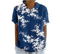 DASAYO Lindas camisetas para mujer, cuello Peter Pan, camisas de lino de manga corta, blusas florales de talla grande, ropa casual de verano, Azul marino #26, XXXL
