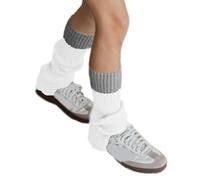 Dasbsug Calentadores de piernas estéticos de retazos con bloqueo de color para mujer, punto acanalado, alto y bajo, irregulares, calcetines para botas, ropa de calle, calentadores de piernas de punto