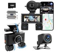 Dashcam 360 Grados, Camara Coche grabadora 360°, Dash CAM Coche, con 4 Camaras HD 1080P, Pantalla táctil, Modo de estacionamiento de 24 Horas, con WiFi/GPS/Sensor G/Tarjeta de 128 GB/Cable Reductor