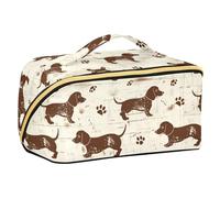 Dashshund Dog - Bolsa de maquillaje retro marrón con divisores, bolsas grandes de viaje para cosméticos para mujer, con compartimentos y asa