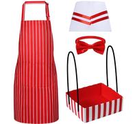 DASHUAIGE Juego de 4 piezas de disfraz de camarero de los años 50, kits de disfraz de Soda Jerk con delantales de rayas rojas y blancas, sombrero de chef y pajarita roja y bandeja de aperitivos para