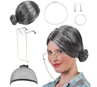 DASIAUTOEM Old Lady Kostüm Set, 7teilig Oma Perücke Kostüm Damen Großmutter Cosplay Zubehör,Graue Perücke Kappe Oma Brille Brille Kette Armband Perlenkette Verkleidung für Fasching Karneval Mottoparty