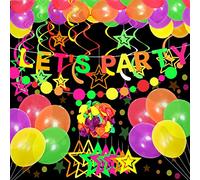 DASIAUTOEM Suministros Brillantes de Neón de Fiesta, Bandera Cintas de Luz Ultravioleta UV 50 Globos Fluorescentes Brillantes, Luz Negra, 10 Estrellas Colgantes, para Fiestas de Cumpleaños