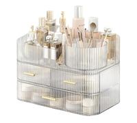 DASITON Organizador de maquillaje con cajones y soporte giratorio para brochas de maquillaje, organizador de cosméticos apilable de gran capacidad, organizadores de baño y almacenamiento