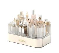 DASITON Organizador de maquillaje con cajones y soporte giratorio para brochas de maquillaje, organizador de cosméticos apilable de gran capacidad, organizadores de baño y almacenamiento