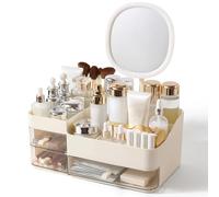 DASITON Organizador de maquillaje con espejo recargable y 3 cajones, organizador de cuidado de la piel y cosméticos, soporte para brochas de maquillaje, vitrina grande para tocador, escritorio, baño,